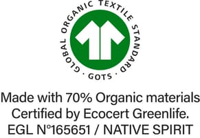 Confirmação da qualidade «biológica» dos têxteis, desde a colheita das matérias-primas até um fabrico ecológica e socialmente responsável. Emitido por Ecocert Greenlife, licença n.º 165651.