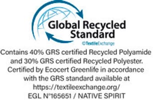 Global Recycled Standard issued by Ecocert Greenlife, which allows for the control of processing, and social and environmental product practices. Issued by Ecocert Greenlife, Licence N° 165651.