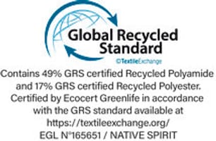 Global Recycled Standard issued by Ecocert Greenlife, which allows for the control of processing, and social and environmental product practices. Issued by Ecocert Greenlife, Licence N° 165651.