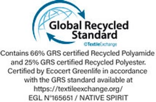 Global Recycled Standard issued by Ecocert Greenlife, which allows for the control of processing, and social and environmental product practices. Issued by Ecocert Greenlife, Licence N° 165651.