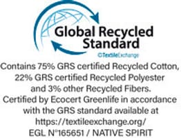 Global Recycled Standard Norm von Ecocert Greenlife zur Kontrolle des Verfahrens sowie der sozialen und ökologischen Praktiken bei der Produktherstellung. Von Ecocert Greenlife, Lizenz Nr. 165651.