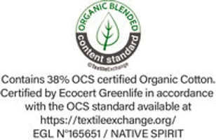 OCS-Zertifikat (Organic Content Standard), ausgestellt von Ecocert Greenlife. Garantie für die Verwendung von biologischen Fasern.