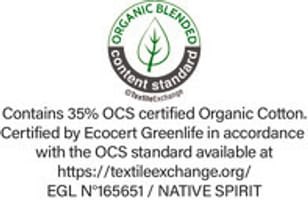 OCS-label (Organic Content Standard) afgeleverd door Ecocert Greenlife. Garantie op het gebruik van biologische vezels.