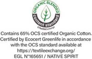 Etiqueta OCS (Organic Content Standard) emitida por Ecocert Greenlife. Garantía de uso de fibras orgánicas.