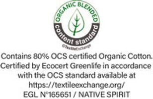 OCS-label (Organic Content Standard) afgeleverd door Ecocert Greenlife. Garantie op het gebruik van biologische vezels.