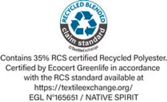 Etiqueta RCS (Recycled Claim Standard) emitida por Ecocert Greenlife. Garantía de uso de materiales reciclados.