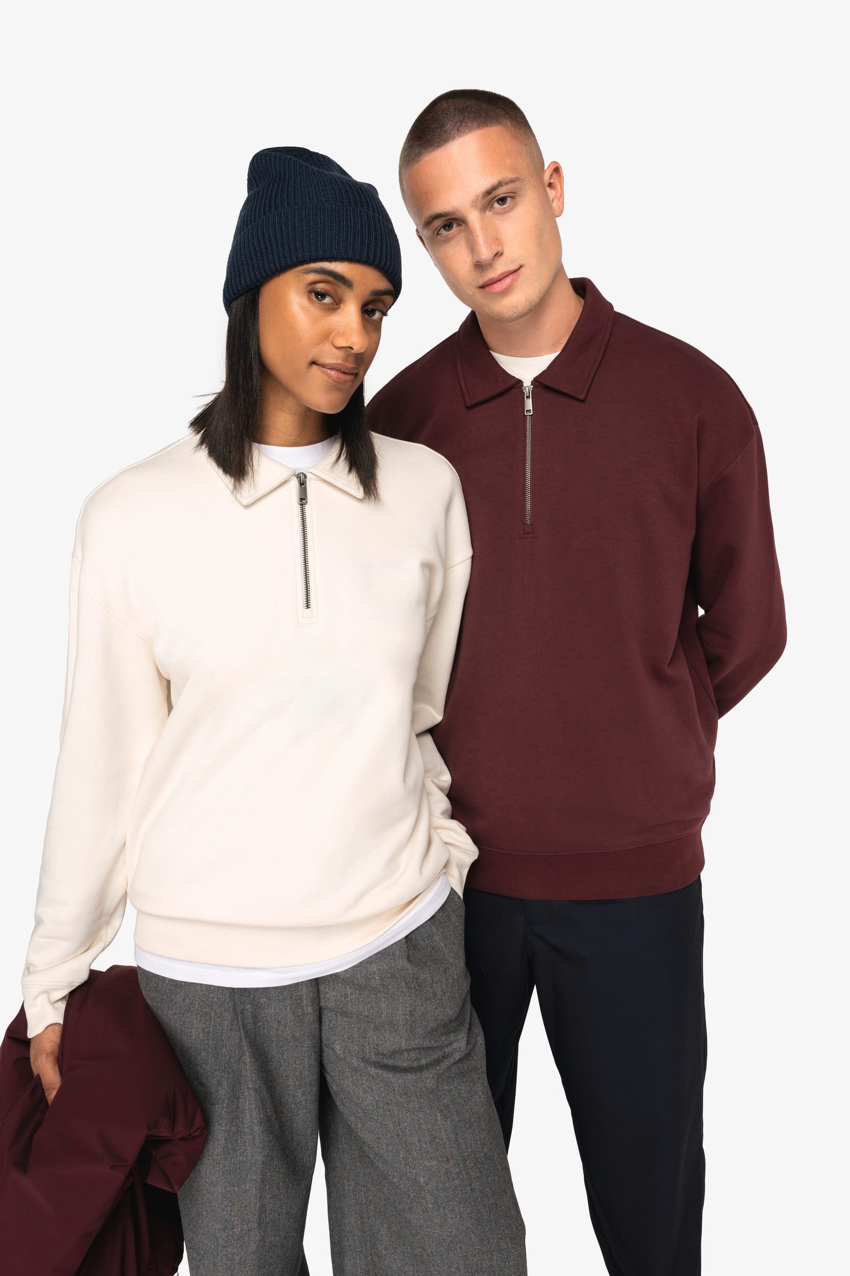 NS432 | Sweat-shirt quart zip col polo à épaules tombantes unisexe