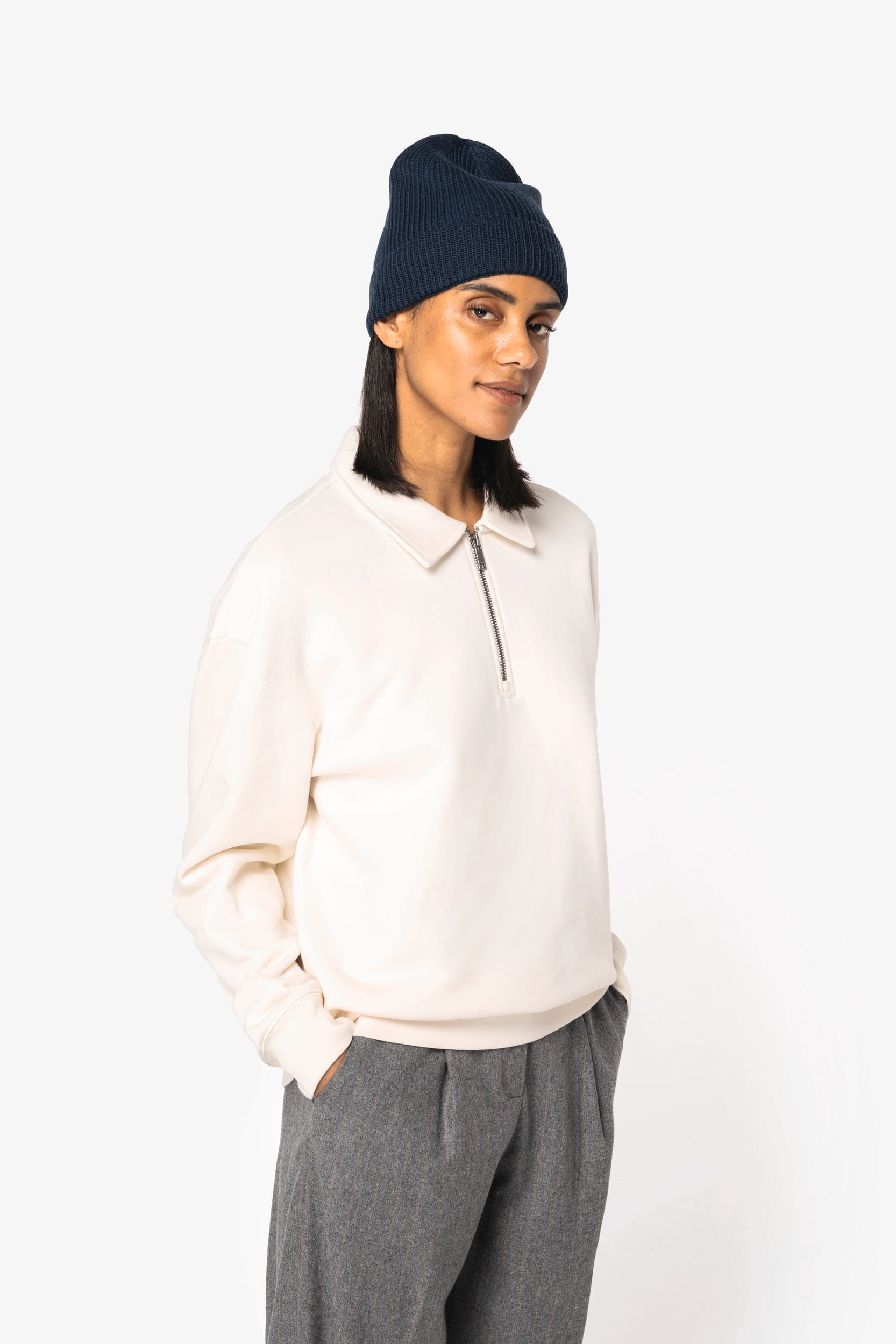 NS432 | Sweat-shirt quart zip col polo à épaules tombantes unisexe